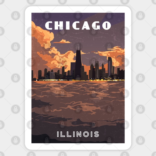 Chicago, Illinois, USA. Sunset.Retro travel poster Sticker by GreekTavern